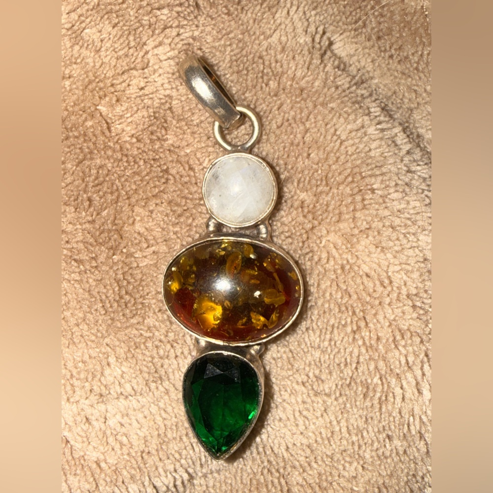 Vintage sterling Baltic Amber, moonstone Triple-Stone Pendant Necklace
